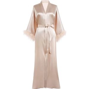 PRODESIGN Satin Kimono Robe Long Bath Robe with Ostrich Feather Trim Sleepwear
